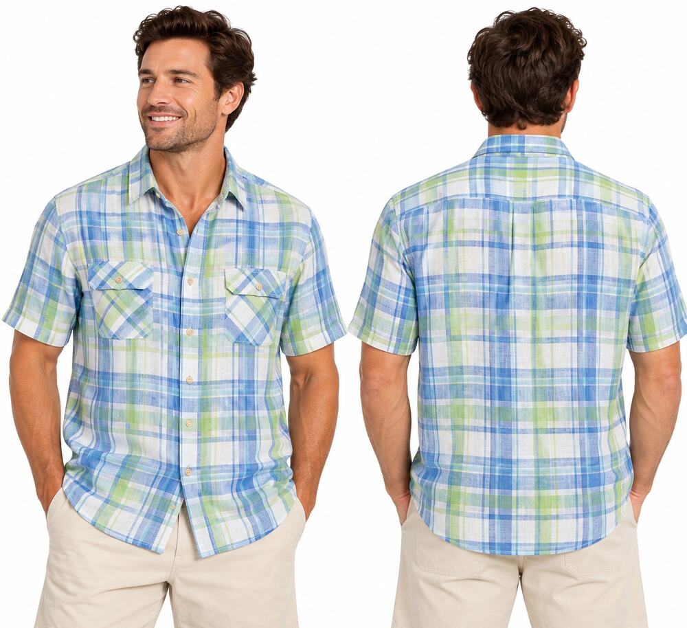 Tommy Bahama Men’s L 100% Linen Plaid Shirt Blue Green Short Sleeve Button Up